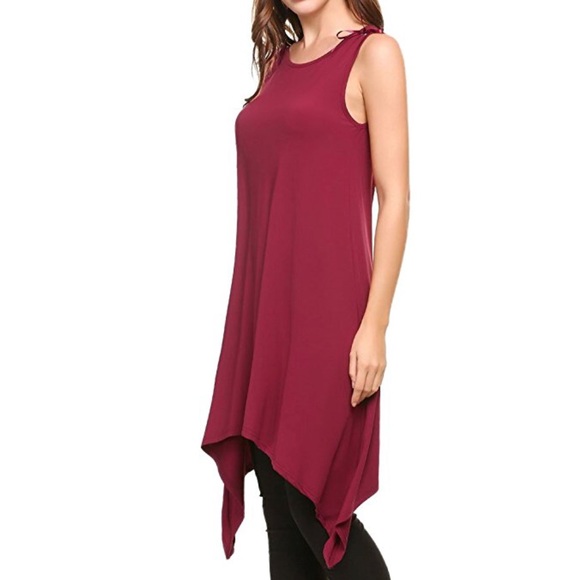 Red Wine Hi Low Shark Hem Flattering Tunic Top - Picture 2 of 4